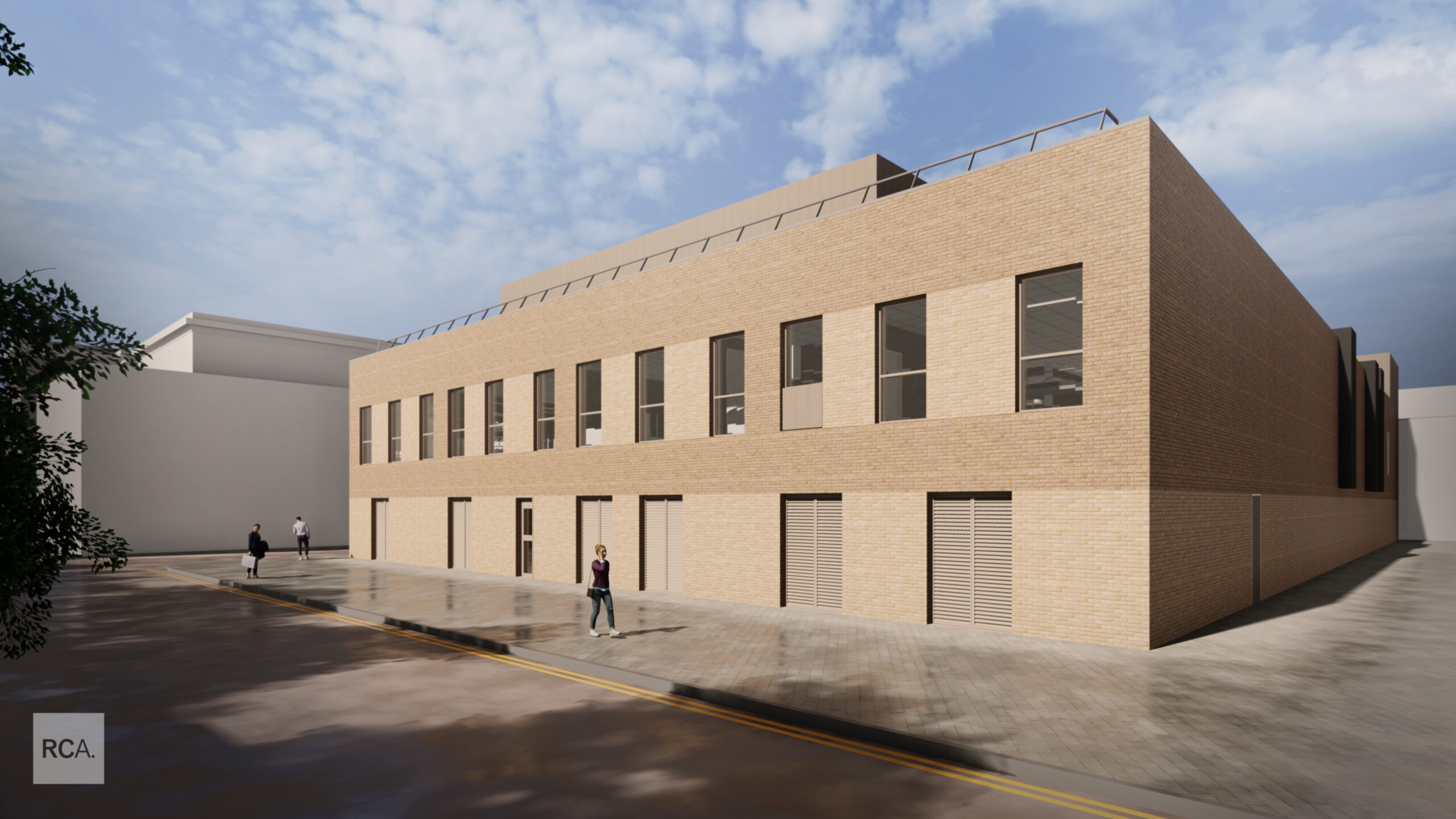 Computer generated design of what the new building may look like. A two storey high boxy building made of light brown brick lined with a row rectangular windows at its front and multiple entrances